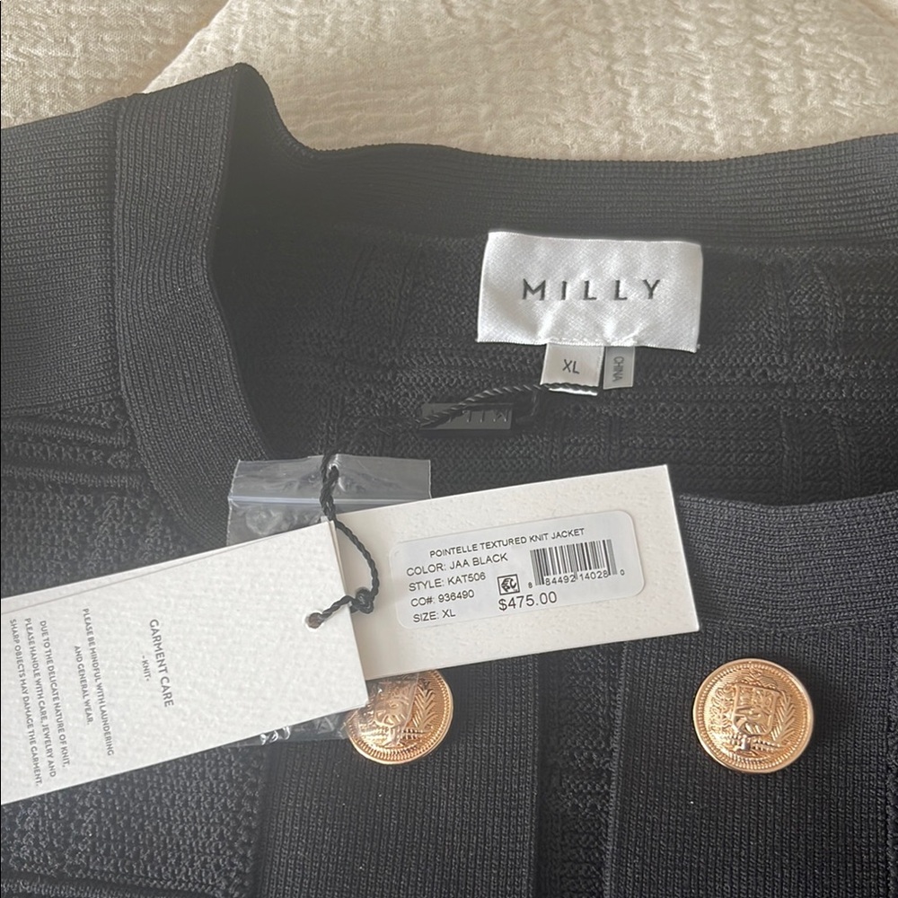 Milly Black Textured Knit Jacket with Gold Medallion Buttons